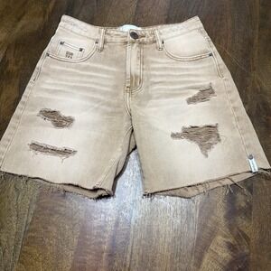 One Teaspoon Jackson Mid Waiste Wide Leg Shorts Tobacco Tan Distressed Size 25